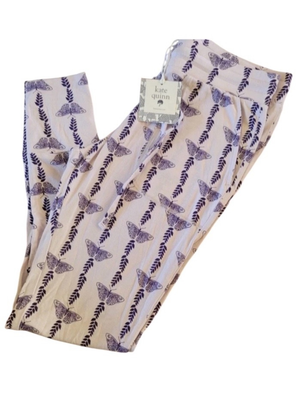 Kate Quinn Purple Vine Butterfly Bamboo Feel Joggers Drawstring Pants Lounge NEW